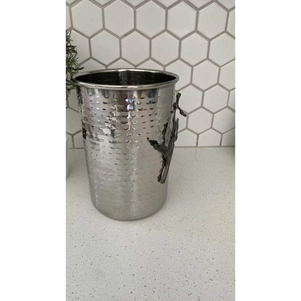 Stainless steel vase with Dark silver vine‎ 3D utensils holder hammered Metal